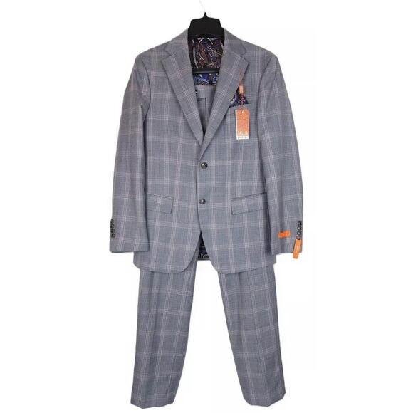 Tallia Men's Slim-Fit Stretch Wool 2-Piece Suit Grey/Pink Plaid 40R 30x32 NWT